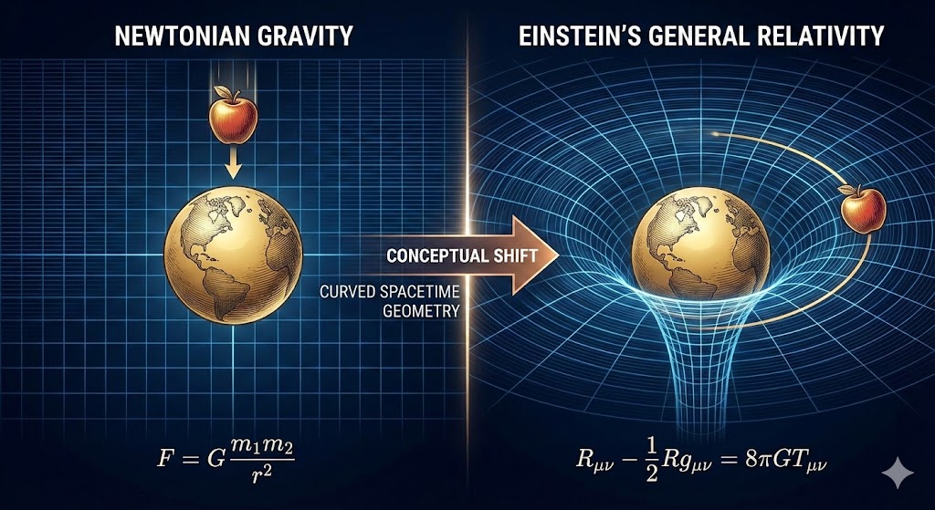 从牛顿引力(绝对空间中的力)到爱因斯坦广义相对论(弯曲时空几何)的概念转变