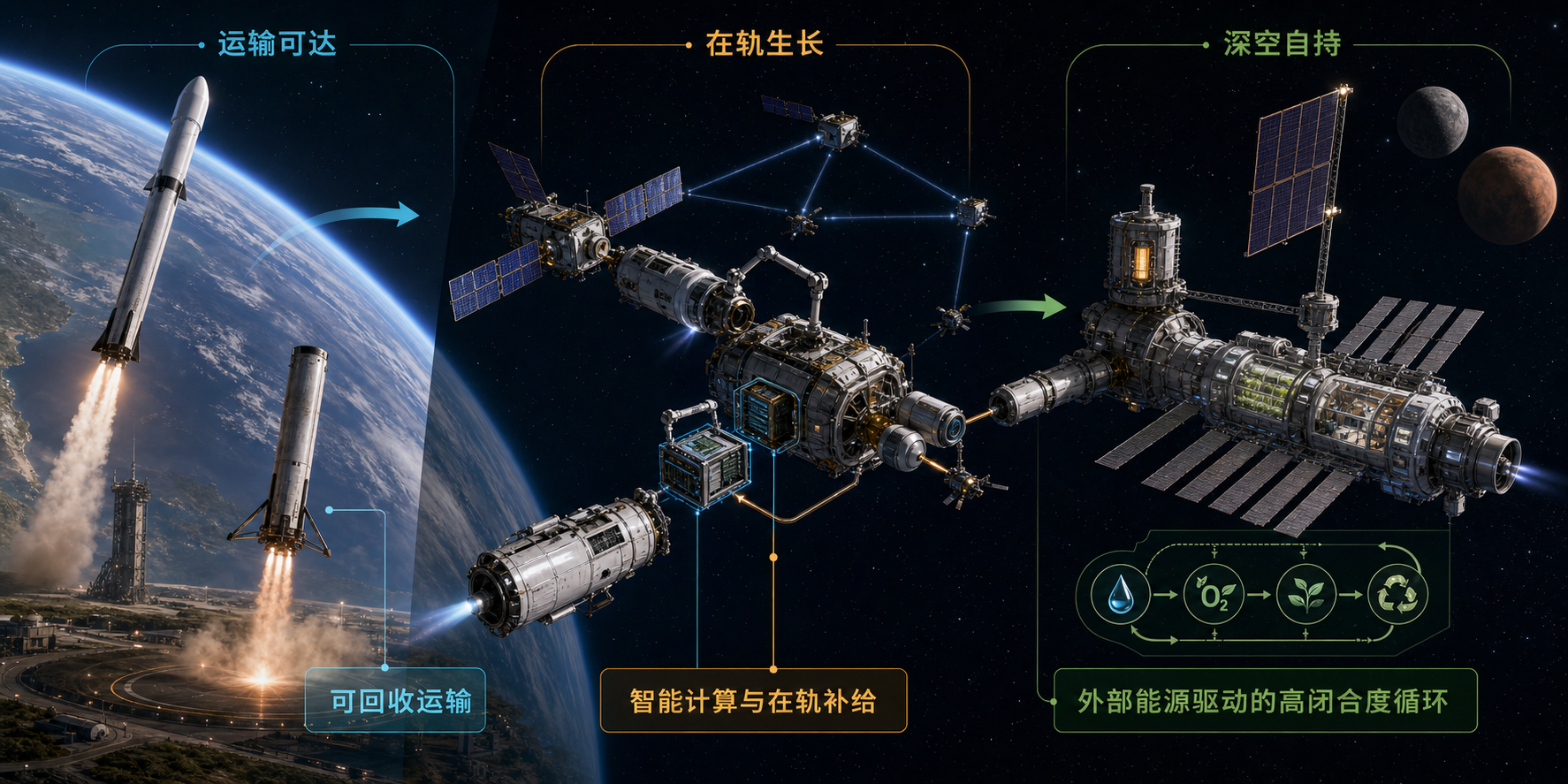 Future space-system evolution from access to sustainment 从运输可达、在轨生长到深空自持的未来空间系统演化