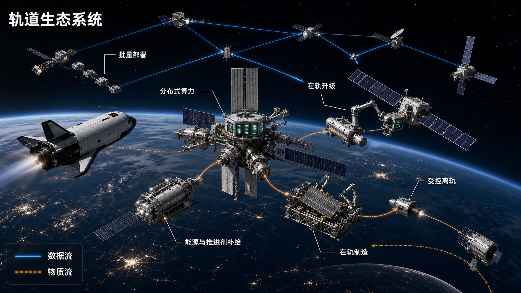 A possible future orbital ecosystem 部署、算力、补给、升级、制造与受控离轨组成的轨道生态